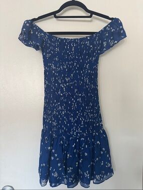 Zara Royal Blue Off-Shoulder Smocked Mini Dress with White Floral Print